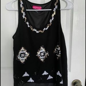 Black, white, and gold sequence tank top blouse